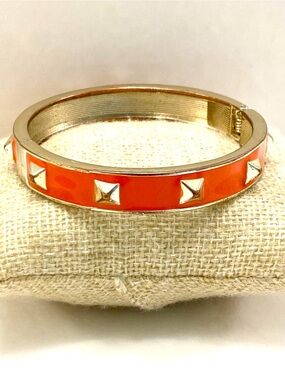 Vintage Orange Enamel Gold Tone Studded Hinged Bangle Bracelet Pyramid Spike